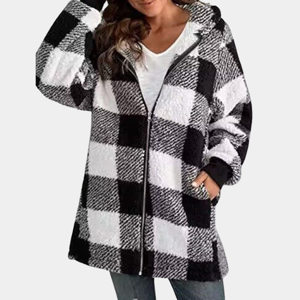 Rode en zwarte geruite fleecejas met capuchon voor dames, comfortabele wintermode, casual stijl, ideaal voor koud weer.