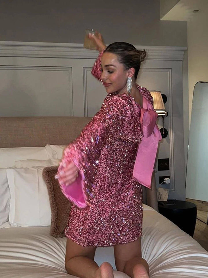 Marcelle | Robe à paillettes avec nœud et fermeture à nœud pour femmes