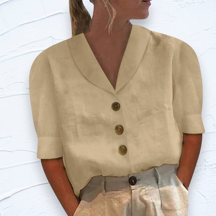 Lauryn | Blouse Décontractée en Coton-Lin à Manches Bouffantes pour Femme
