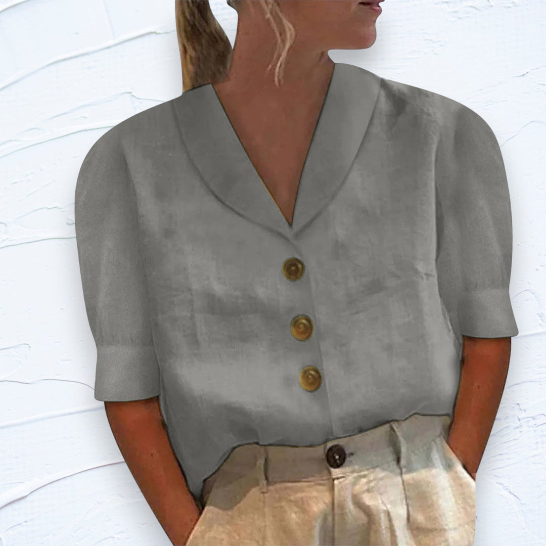 Lauryn | Blouse Décontractée en Coton-Lin à Manches Bouffantes pour Femme