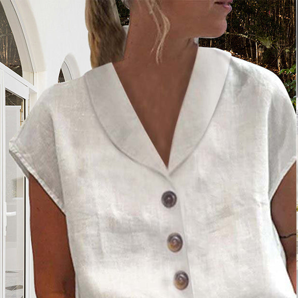 Lauryn | Blouse Décontractée en Coton-Lin à Manches Bouffantes pour Femme