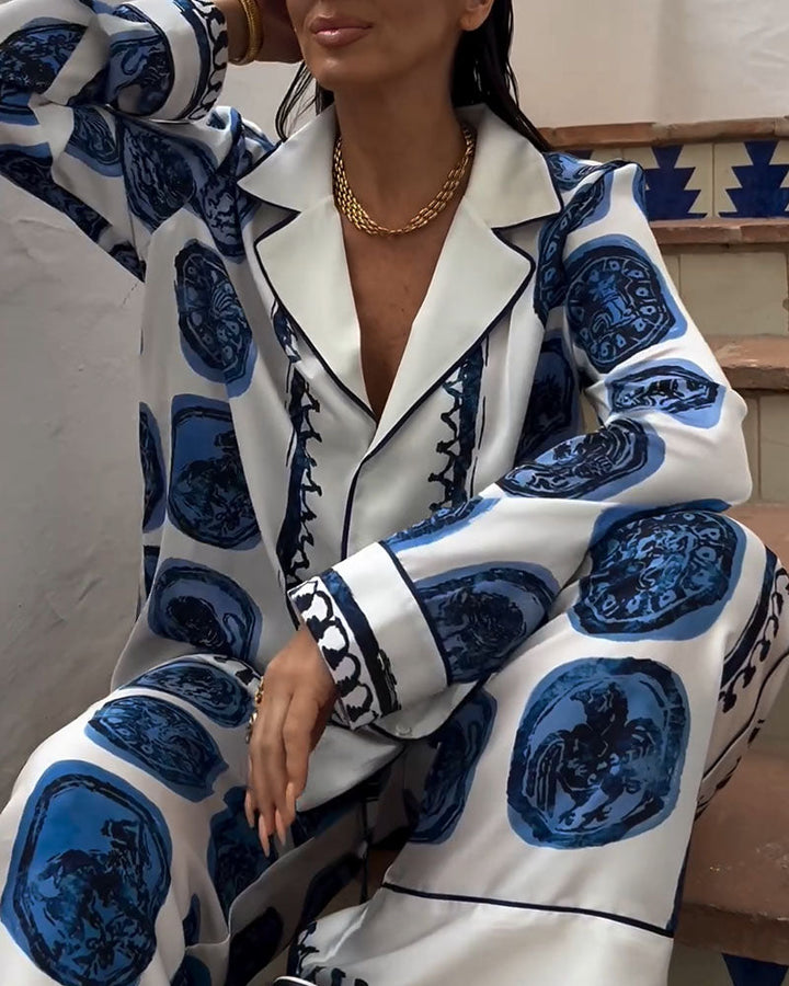 Halle | Ensemble chemise à imprimé vintage et pantalon à jambes larges pour femmes