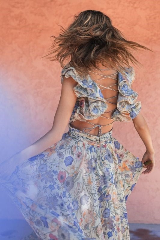 Isabel | Robe Longue en Chiffon avec Imprimé Romantique de Jardin pour Femme