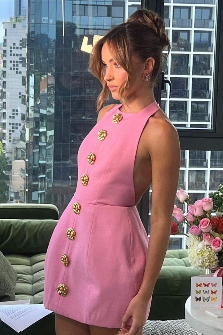 Beau | Robe Mini à Hals en Rose et Blanc Glamour pour Femme