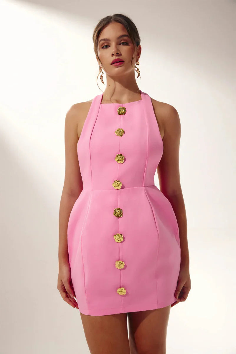 Beau | Robe Mini à Hals en Rose et Blanc Glamour pour Femme