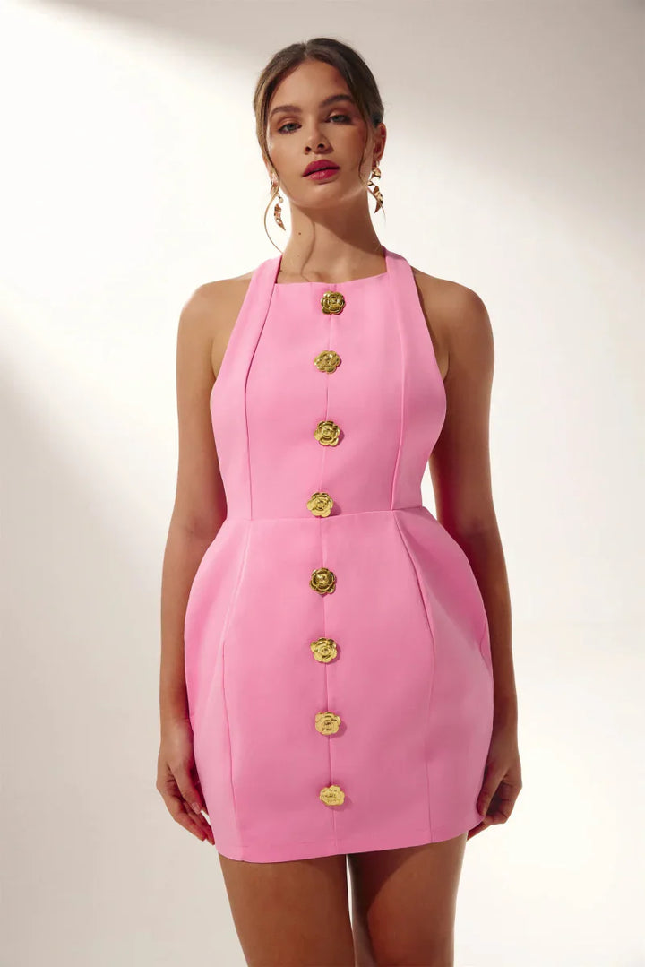 Beau | Robe Mini à Hals en Rose et Blanc Glamour pour Femme